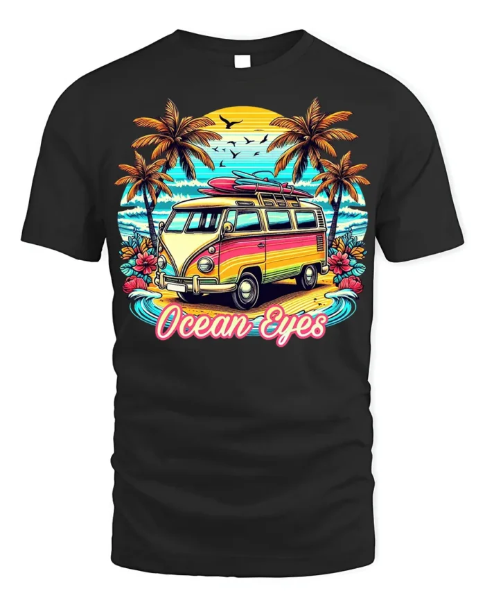 Vintage Van Beach T-Shirt Ocean Eyes Tropical Surf Tee - black t-shirt on white background