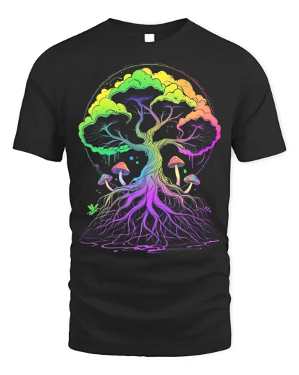 Psychedelic Tree of Life Yoga Zen T-Shirt Vibrant Trippy Nature - black t-shirt on white background