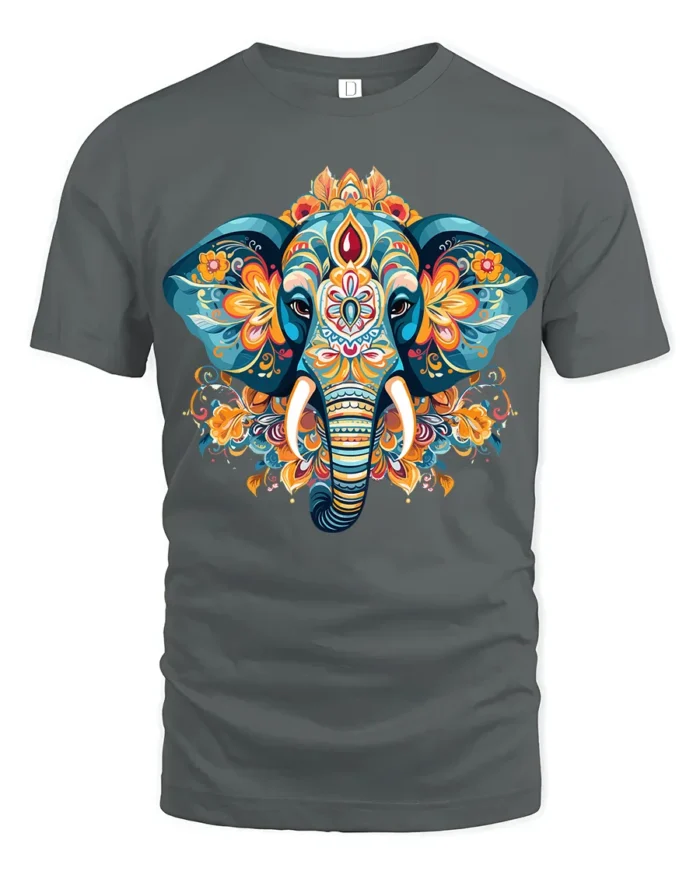 Boho Elephant Mandala Art T-Shirt Soft Cotton Tee for Men - gray t-shirt on white background