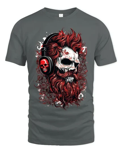 Skull DJ Headphones T-Shirt Gothic Rock Streetwear Tee - gray t-shirt on white background