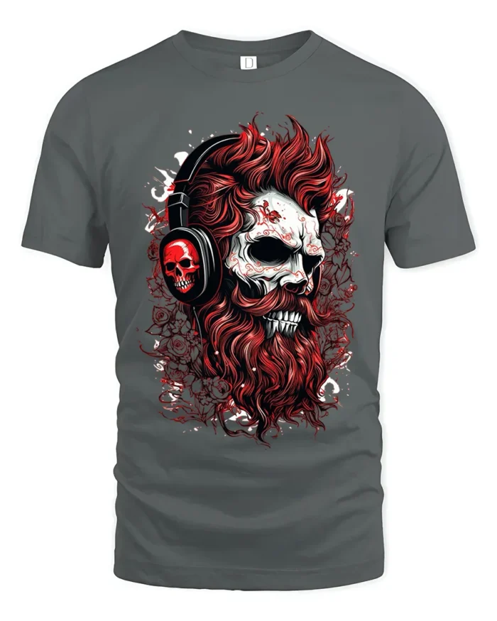 Skull DJ Headphones T-Shirt Gothic Rock Streetwear Tee - gray t-shirt on white background