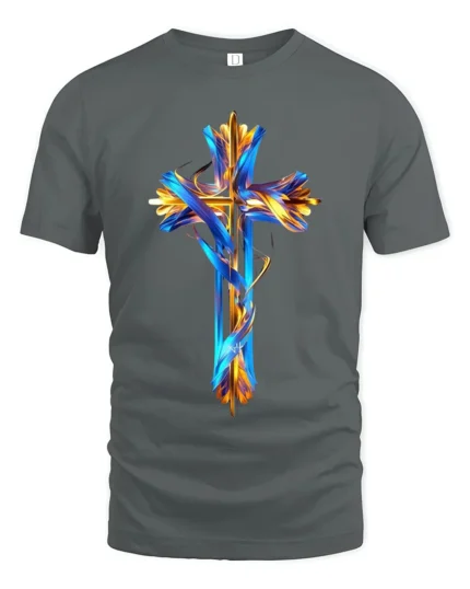 Christian Cross T-Shirt Abstract Faith Graphic Tee USA - gray t-shirt on white background