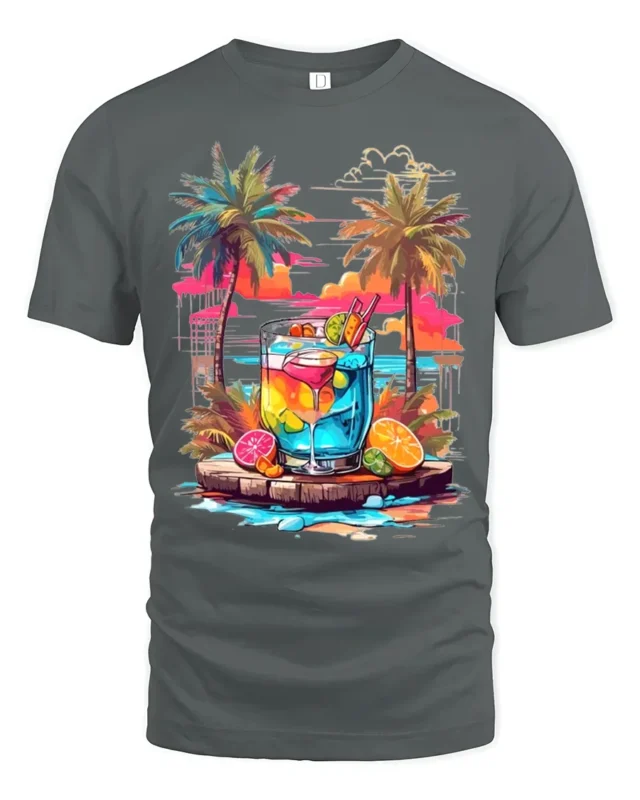 Tropical Sunset Cocktail T-Shirt Summer Beach Vibe Tee - gray t-shirt on white background