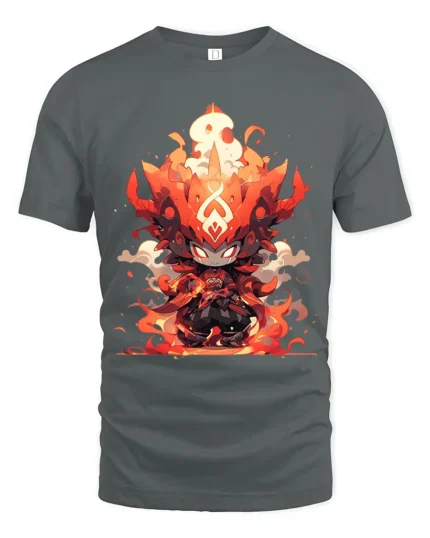 Flame Warrior Anime T-Shirt Fire Power Graphic Tee for Fans - gray t-shirt on white background