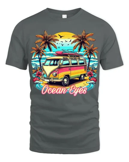 Vintage Van Beach T-Shirt Ocean Eyes Tropical Surf Tee - gray t-shirt on white background