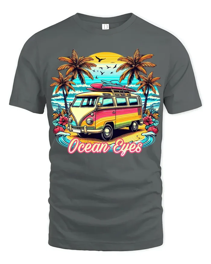 Vintage Van Beach T-Shirt Ocean Eyes Tropical Surf Tee - gray t-shirt on white background