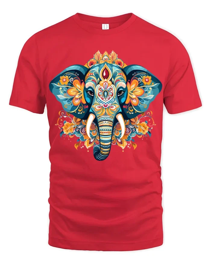 Boho Elephant Mandala Art T-Shirt Soft Cotton Tee for Men - red t-shirt on white background