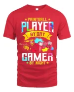 Paintball Player Gamer T-Shirt Day Night Dual Action Tee - red t-shirt on white background