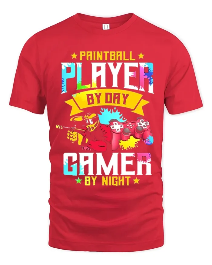 Paintball Player Gamer T-Shirt Day Night Dual Action Tee - red t-shirt on white background