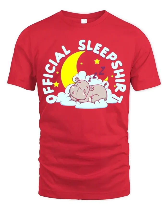 Official Sleep Shirt Cute Hippo T-Shirt for Bedtime - red t-shirt on white background