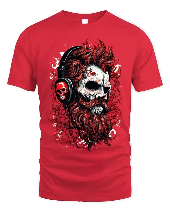 Skull DJ Headphones T-Shirt Gothic Rock Streetwear Tee - red t-shirt on white background