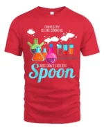 Funny Chemistry T-Shirt Don’t Lick the Spoon Tee - red t-shirt on white background