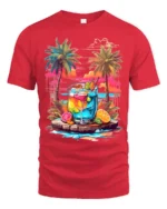 Tropical Sunset Cocktail T-Shirt Summer Beach Vibe Tee - red t-shirt on white background