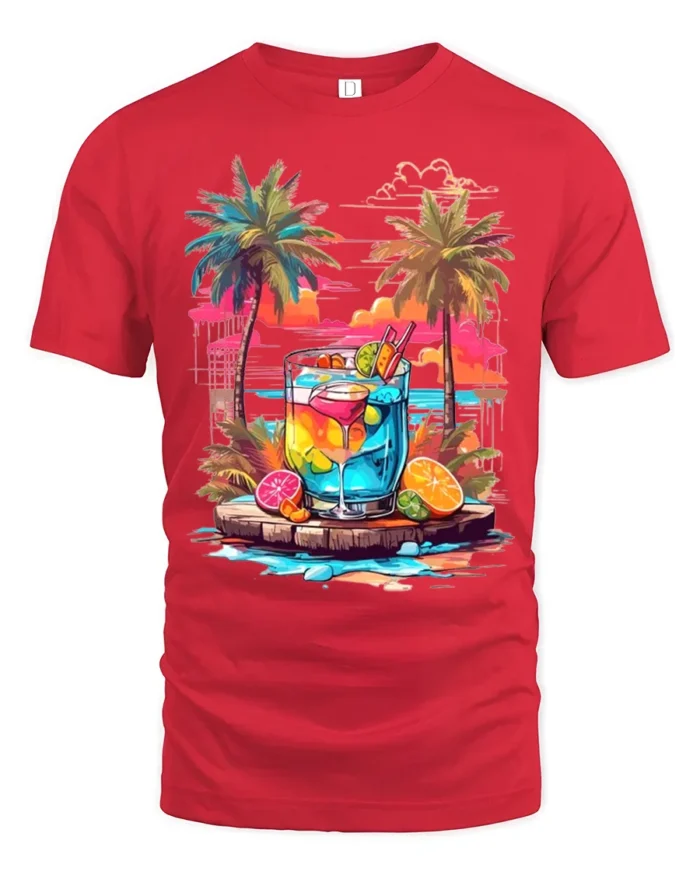 Tropical Sunset Cocktail T-Shirt Summer Beach Vibe Tee - red t-shirt on white background