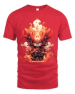 Flame Warrior Anime T-Shirt Fire Power Graphic Tee for Fans - red t-shirt on white background