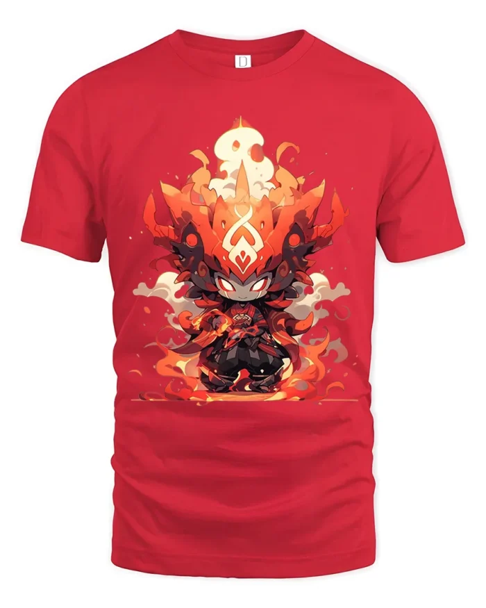 Flame Warrior Anime T-Shirt Fire Power Graphic Tee for Fans - red t-shirt on white background