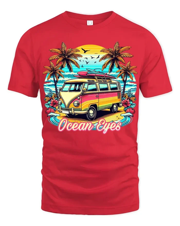 Vintage Van Beach T-Shirt Ocean Eyes Tropical Surf Tee - red t-shirt on white background