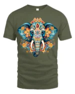 Boho Elephant Mandala Art T-Shirt Soft Cotton Tee for Men - military green t-shirt on white background