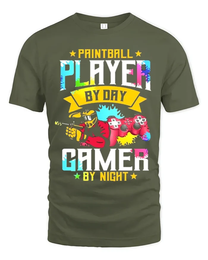 Paintball Player Gamer T-Shirt Day Night Dual Action Tee - military green t-shirt on white background