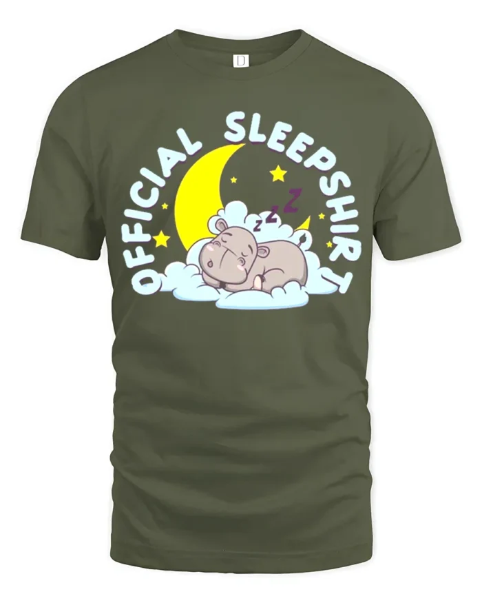 Official Sleep Shirt Cute Hippo T-Shirt for Bedtime - military green t-shirt on white background