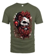 Skull DJ Headphones T-Shirt Gothic Rock Streetwear Tee - military green t-shirt on white background