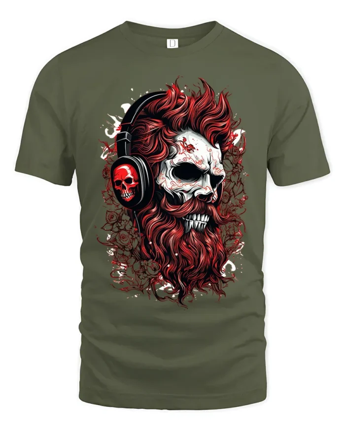 Skull DJ Headphones T-Shirt Gothic Rock Streetwear Tee - military green t-shirt on white background