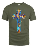 Christian Cross T-Shirt Abstract Faith Graphic Tee USA - military green t-shirt on white background