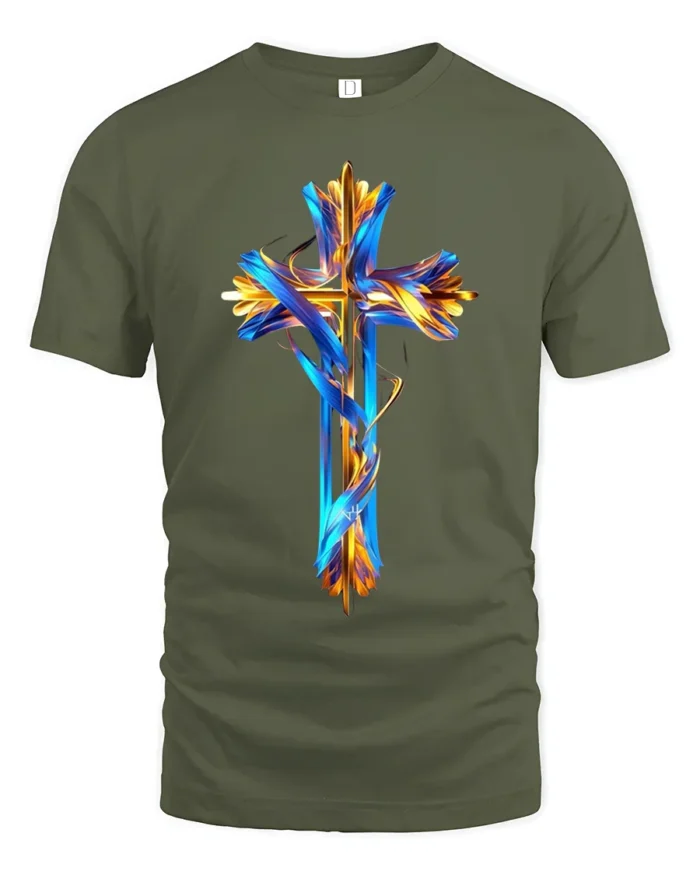 Christian Cross T-Shirt Abstract Faith Graphic Tee USA - military green t-shirt on white background