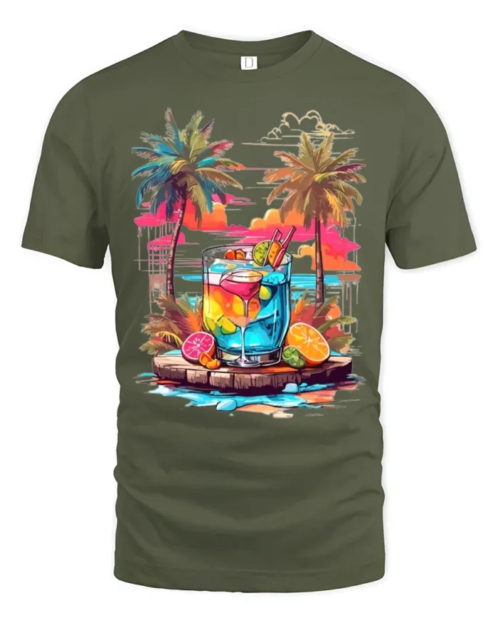 Tropical Sunset Cocktail T-Shirt Summer Beach Vibe Tee - military green t-shirt on white background