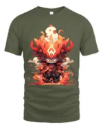 Flame Warrior Anime T-Shirt Fire Power Graphic Tee for Fans - military green t-shirt on white background