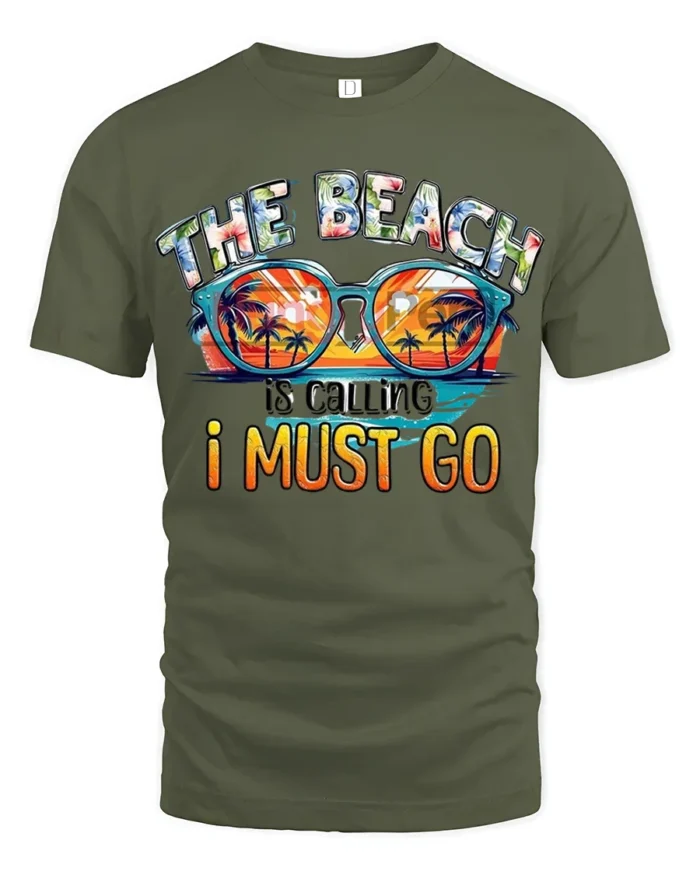 The Beach Is Calling T-Shirt Retro Summer Vacation Tee - military green t-shirt on white background