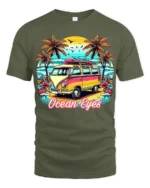 Vintage Van Beach T-Shirt Ocean Eyes Tropical Surf Tee - military green t-shirt on white background