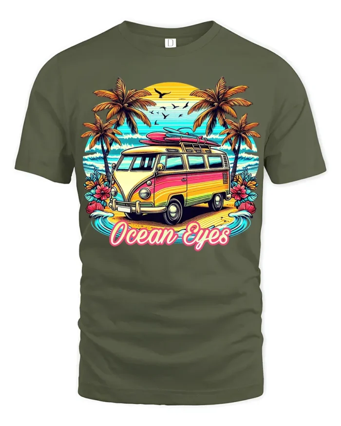 Vintage Van Beach T-Shirt Ocean Eyes Tropical Surf Tee - military green t-shirt on white background