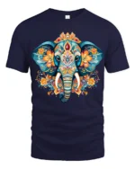 Boho Elephant Mandala Art T-Shirt Soft Cotton Tee for Men - navy t-shirt on white background