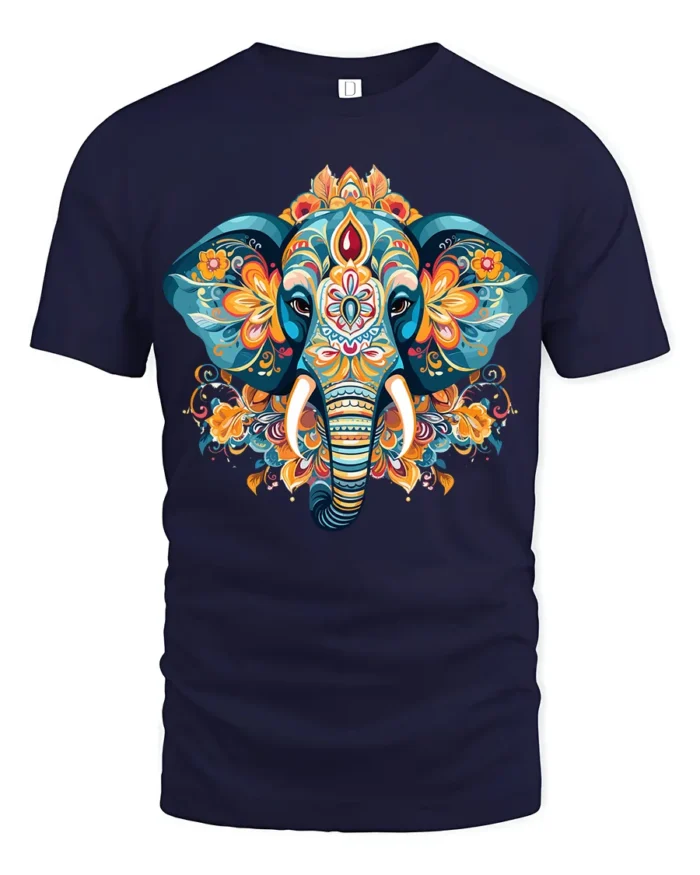 Boho Elephant Mandala Art T-Shirt Soft Cotton Tee for Men - navy t-shirt on white background
