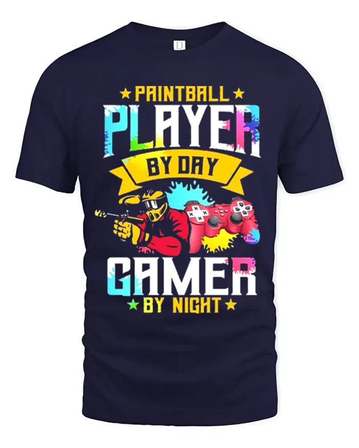 Paintball Player Gamer T-Shirt Day Night Dual Action Tee - navy t-shirt on white background