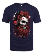 Skull DJ Headphones T-Shirt Gothic Rock Streetwear Tee - navy t-shirt on white background