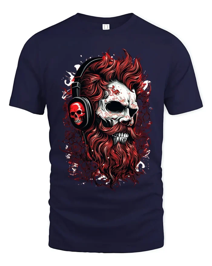 Skull DJ Headphones T-Shirt Gothic Rock Streetwear Tee - navy t-shirt on white background