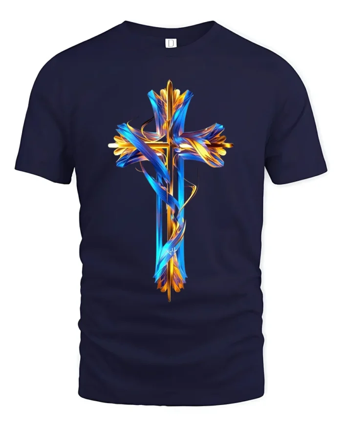 Christian Cross T-Shirt Abstract Faith Graphic Tee USA - navy t-shirt on white background