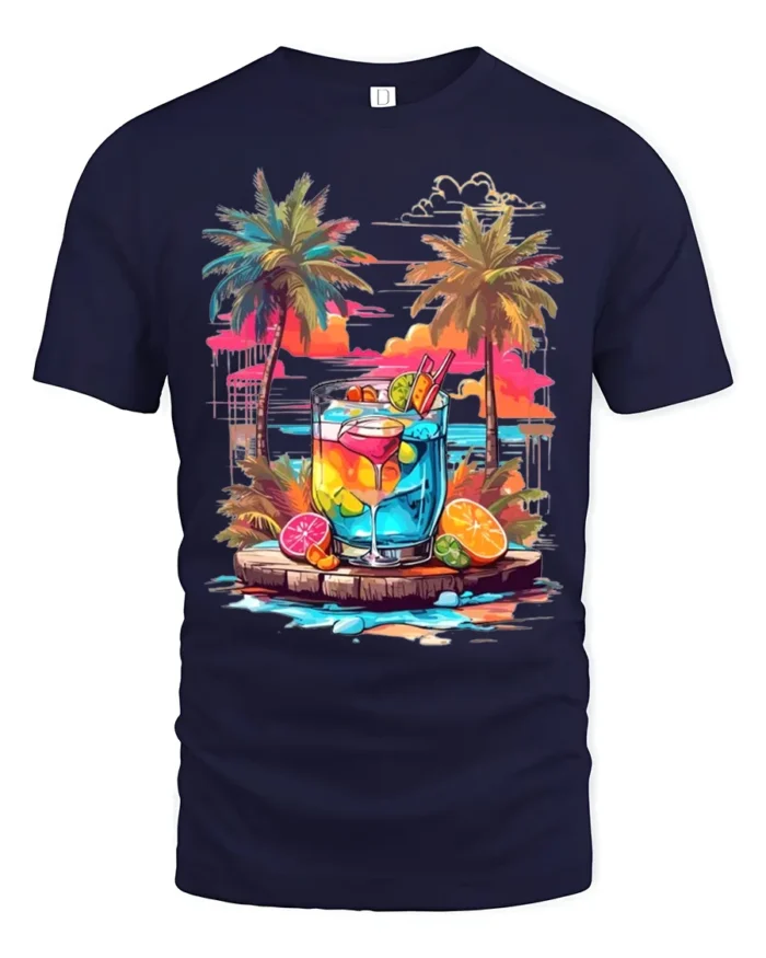 Tropical Sunset Cocktail T-Shirt Summer Beach Vibe Tee - navy t-shirt on white background