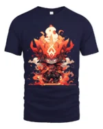 Flame Warrior Anime T-Shirt Fire Power Graphic Tee for Fans - navy t-shirt on white background