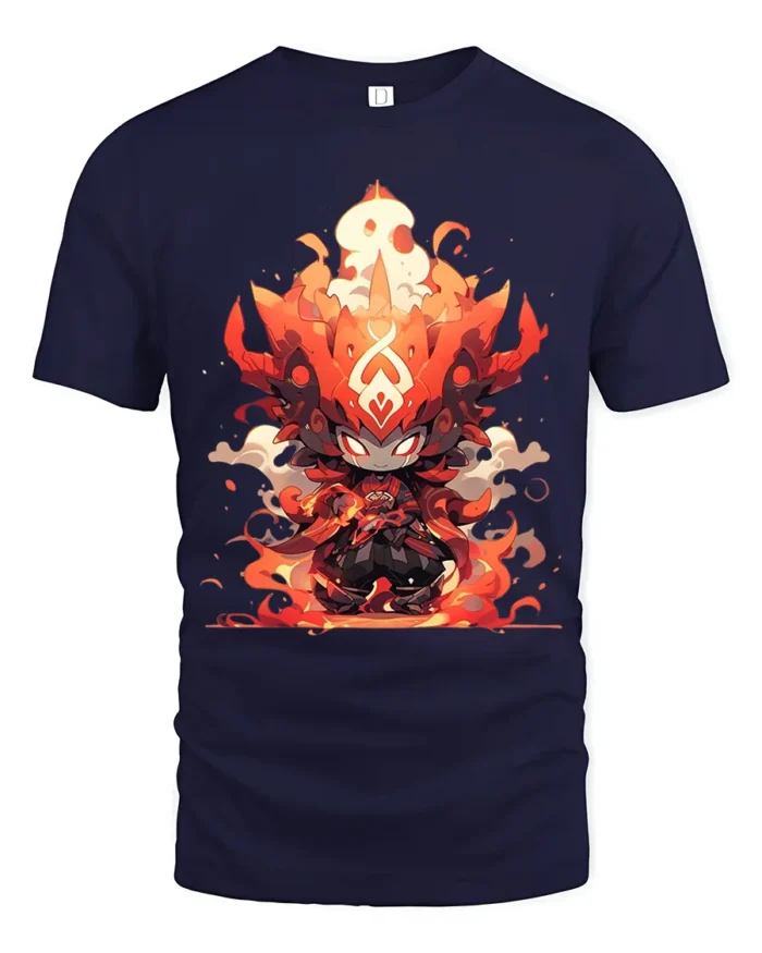 Flame Warrior Anime T-Shirt Fire Power Graphic Tee for Fans - navy t-shirt on white background