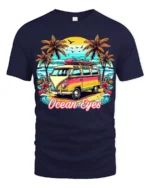 Vintage Van Beach T-Shirt Ocean Eyes Tropical Surf Tee - navy t-shirt on white background