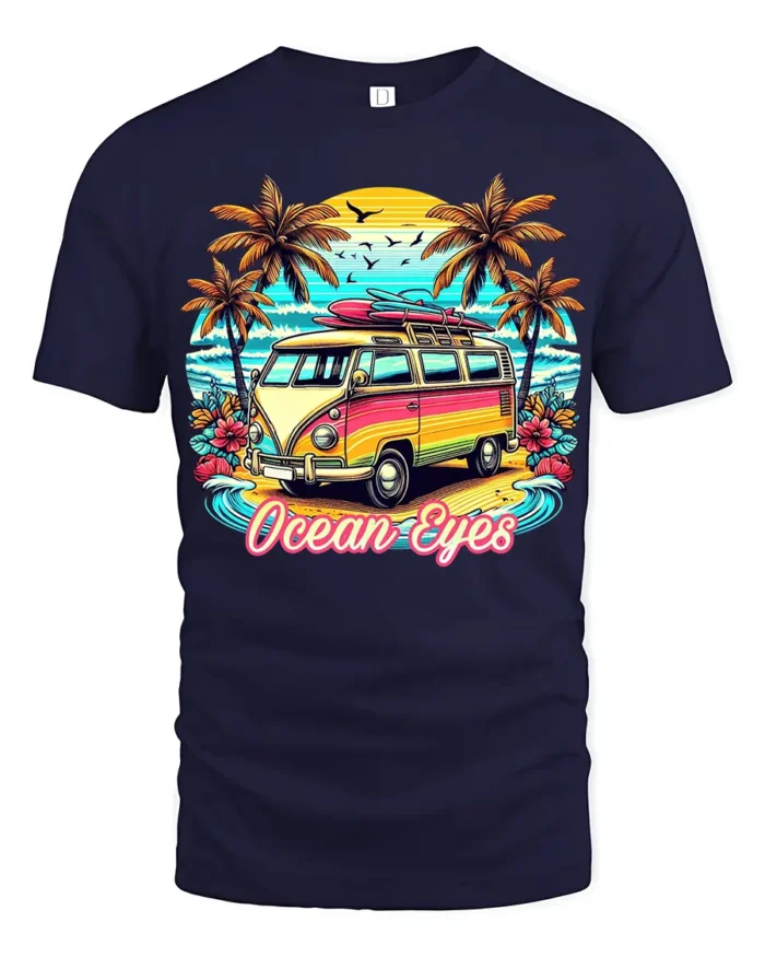 Vintage Van Beach T-Shirt Ocean Eyes Tropical Surf Tee - navy t-shirt on white background