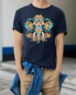 Boho Elephant Mandala Art T-Shirt Soft Cotton Tee for Men - model wearing navy shirt, hands in pockets