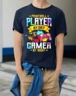Paintball Player Gamer T-Shirt Day Night Dual Action Tee - model wearing navy shirt, hands in pockets