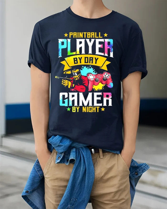 Paintball Player Gamer T-Shirt Day Night Dual Action Tee - model wearing navy shirt, hands in pockets