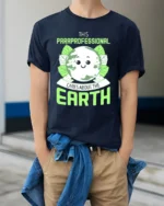 Paraprofessional Earth Day T-Shirt Eco Friendly Graphic Tee - model wearing navy shirt, hands in pockets