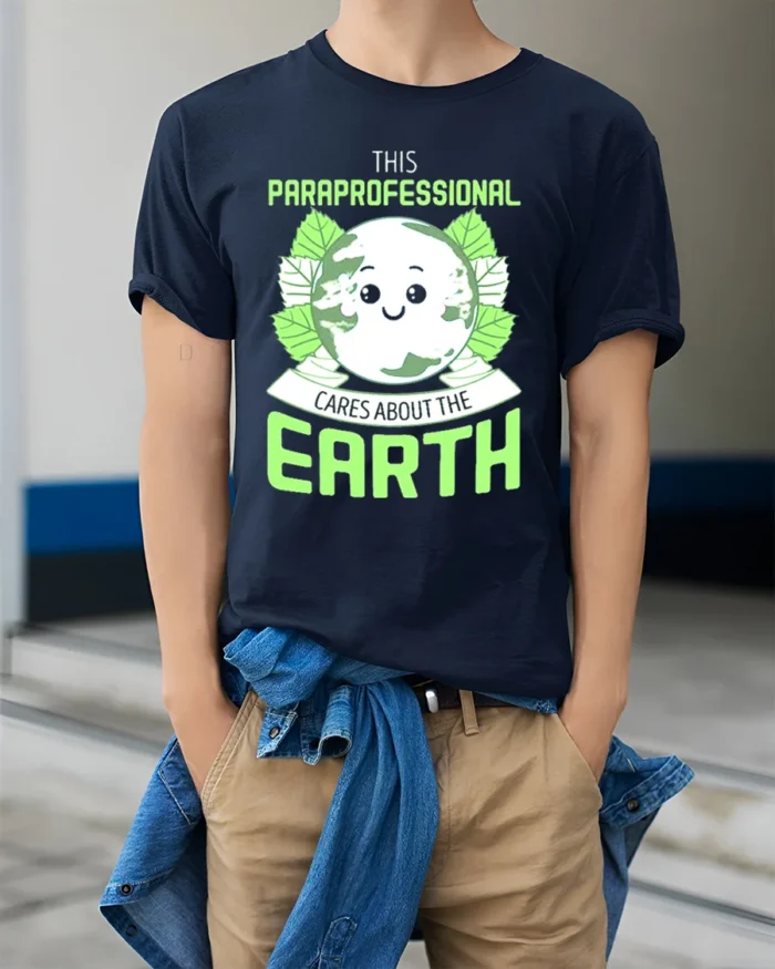 Paraprofessional Earth Day T-Shirt Eco Friendly Graphic Tee - model wearing navy shirt, hands in pockets