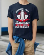 Funny Bartender T-Shirt Pissing Off The Bartender Tee - model wearing navy shirt, hands in pockets